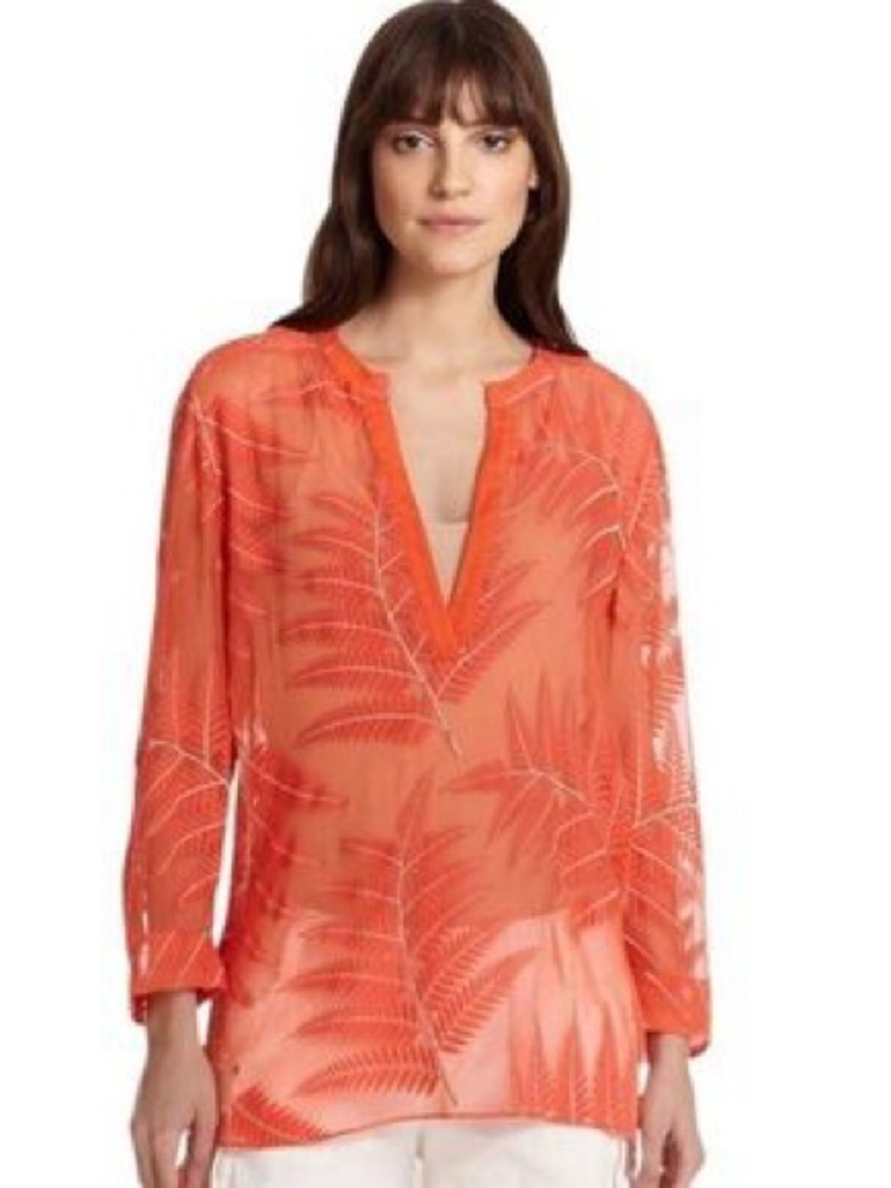 Alice+Olivia Sheer Coral Leaf-Print Tunic Top Size XS